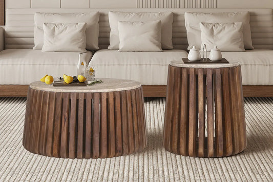 EYAN - Table basse Ronde en Bois de manguier avec plateau effet Travertin Beige - 70 cm ROUSSEAU