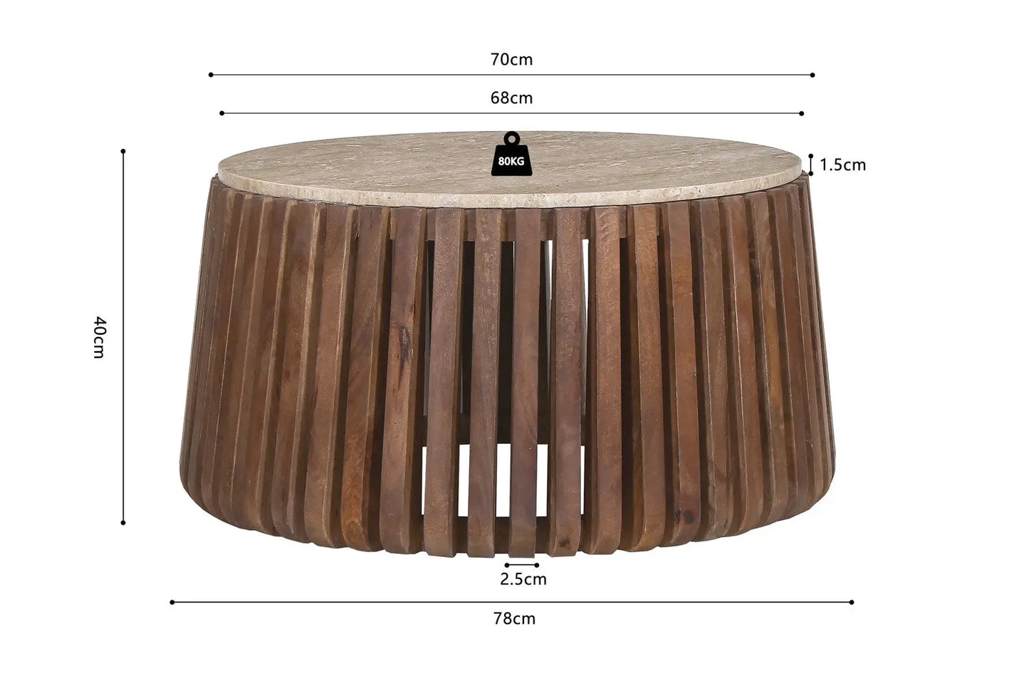 EYAN - Table basse Ronde en Bois de manguier avec plateau effet Travertin Beige - 70 cm ROUSSEAU