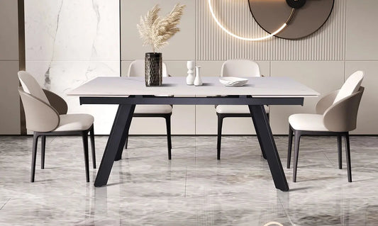 HIRA - Table à Manger Extensible Rectangulaire Plateau en Pierre - 160 à 240 cm - Blanc ROUSSEAU