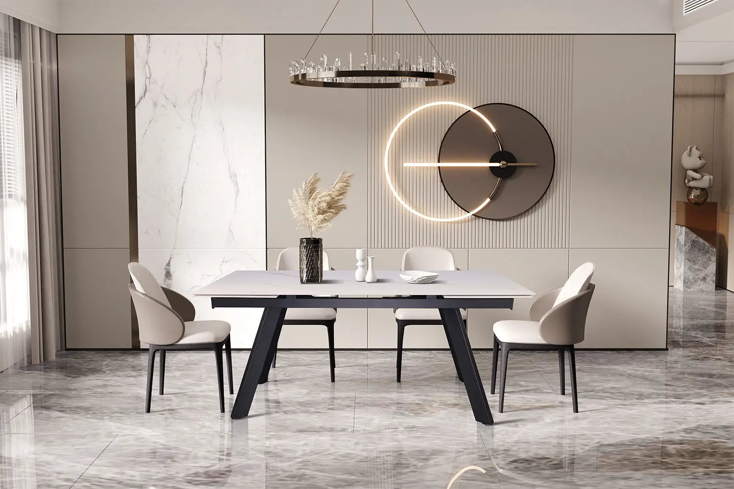 HIRA - Table à Manger Extensible Rectangulaire Plateau en Pierre - 160 à 240 cm - Blanc ROUSSEAU