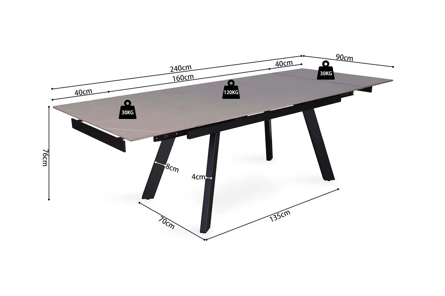 HIRA - Table à Manger Extensible Rectangulaire Plateau en Pierre - 160 à 240 cm - Gris ROUSSEAU