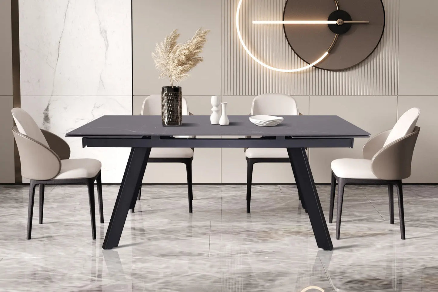 HIRA - Table à Manger Extensible Rectangulaire Plateau en Pierre - 160 à 240 cm - Noir ROUSSEAU