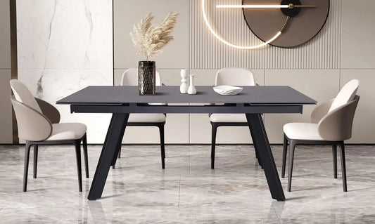 HIRA - Table à Manger Extensible Rectangulaire Plateau en Pierre - 160 à 240 cm - Noir ROUSSEAU