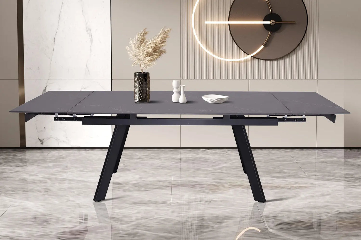 HIRA - Table à Manger Extensible Rectangulaire Plateau en Pierre - 160 à 240 cm - Noir ROUSSEAU