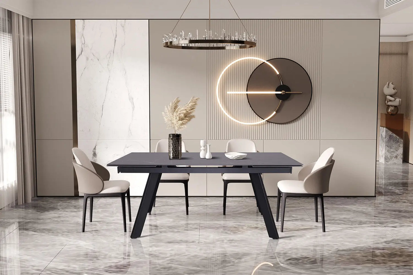 HIRA - Table à Manger Extensible Rectangulaire Plateau en Pierre - 160 à 240 cm - Noir ROUSSEAU