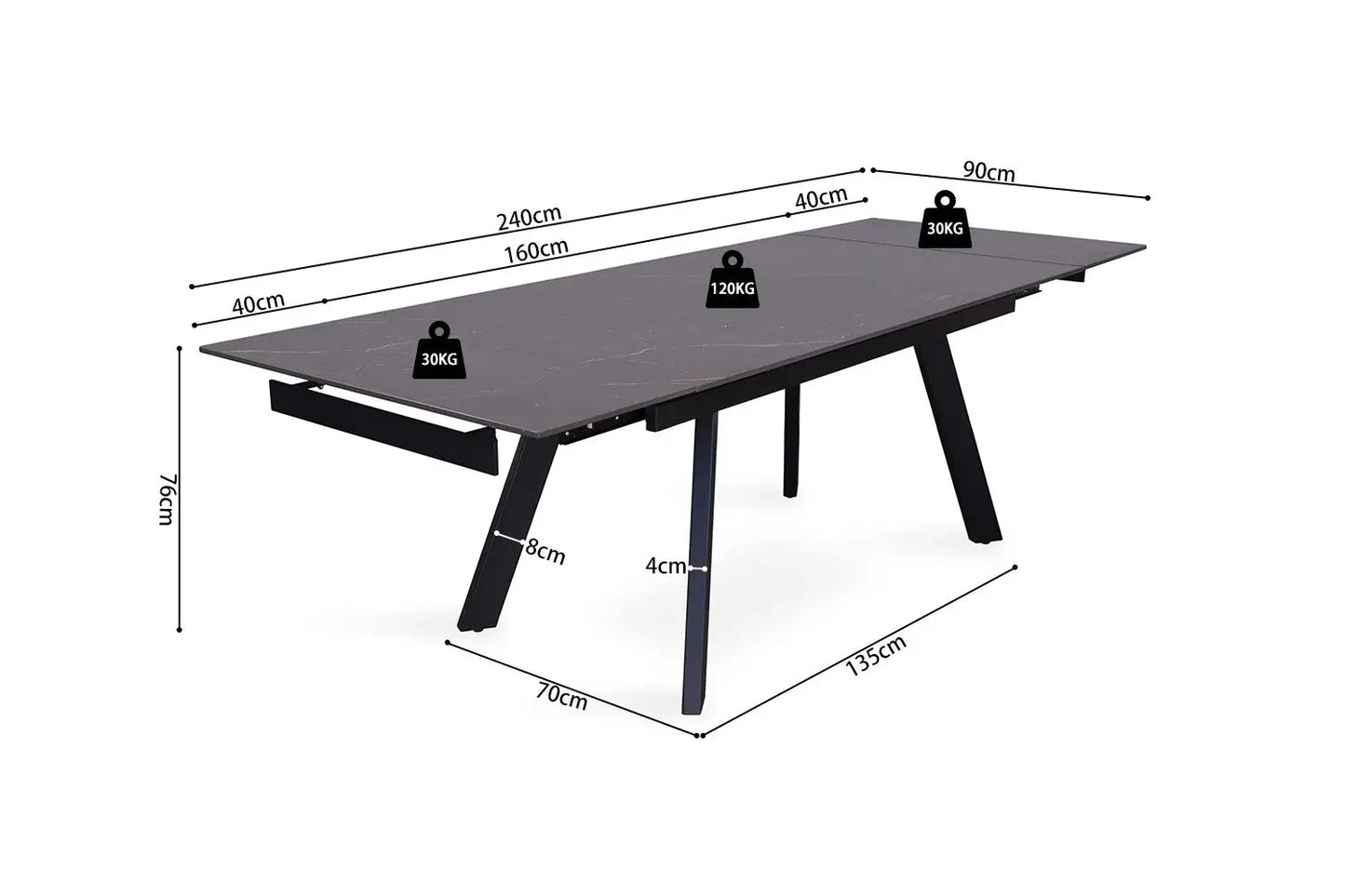 HIRA - Table à Manger Extensible Rectangulaire Plateau en Pierre - 160 à 240 cm - Noir ROUSSEAU