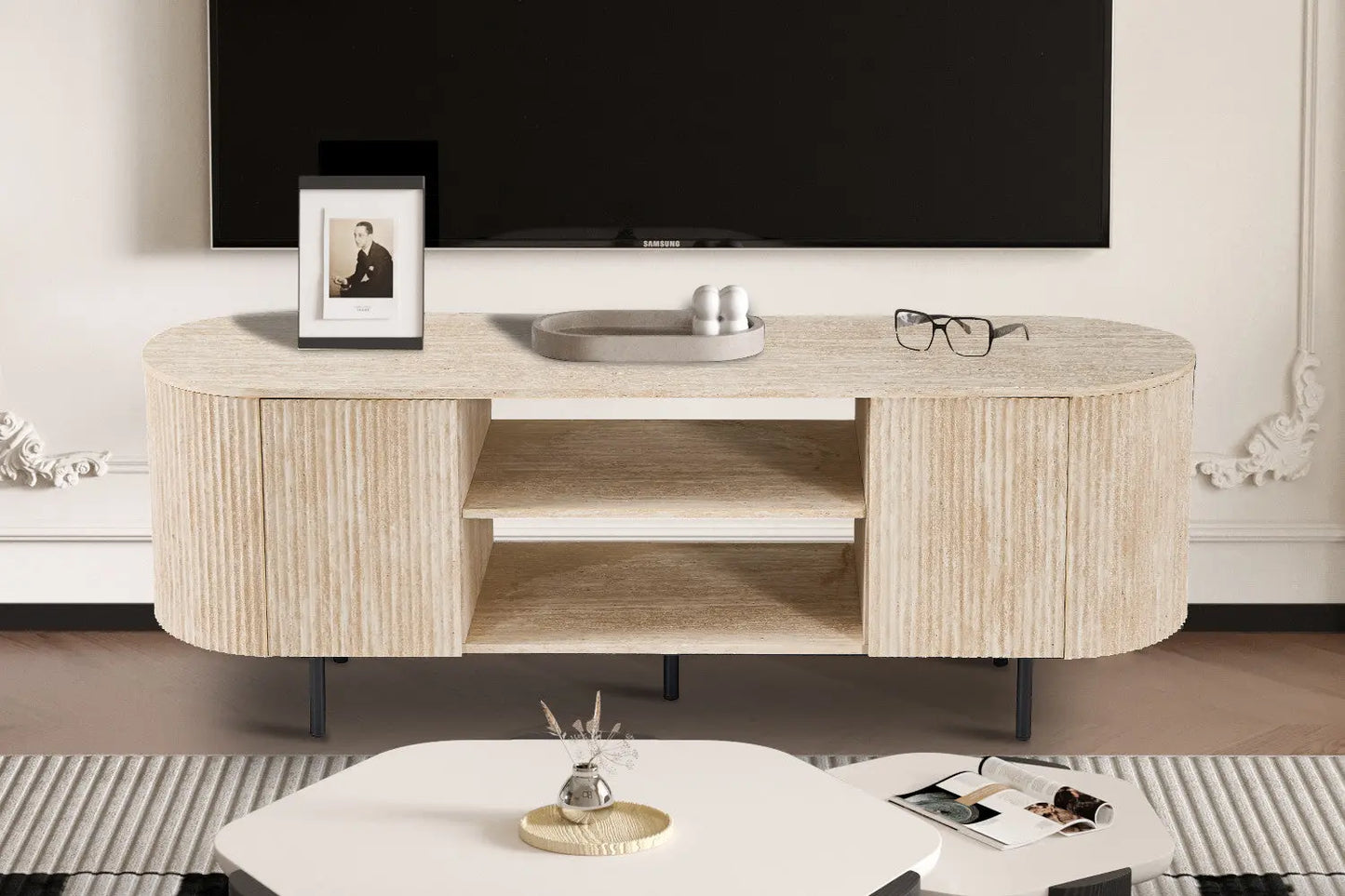 LYANE - Meuble TV - 160 cm - Effet Travertin Beige ROUSSEAU