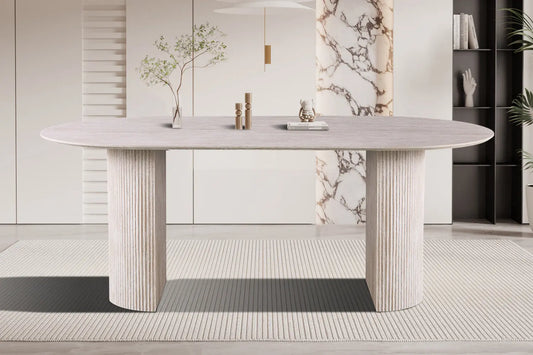 LYANE - Table à Manger Ovale - 200 ou 220 cm - Effet Travertin Beige, 200 cm ROUSSEAU