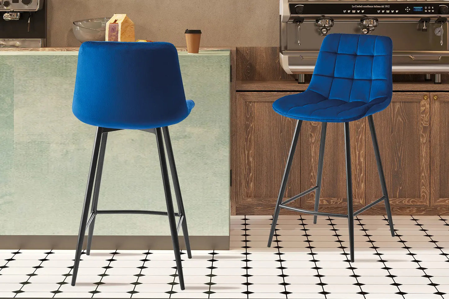 Lot de Chaises de Bar JULIA en Tissu Velours Bleu - 46 x 36 cm TiKoya