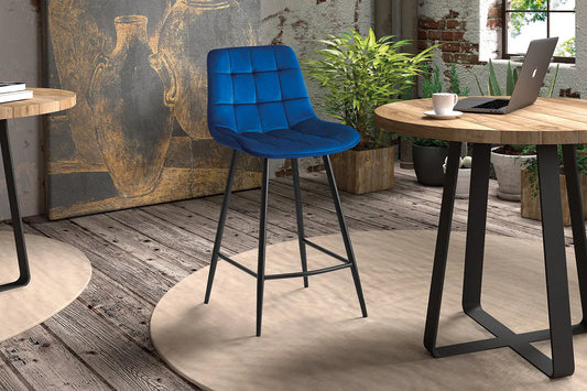 Lot de Chaises de Bar JULIA en Tissu Velours Bleu - 46 x 36 cm TiKoya