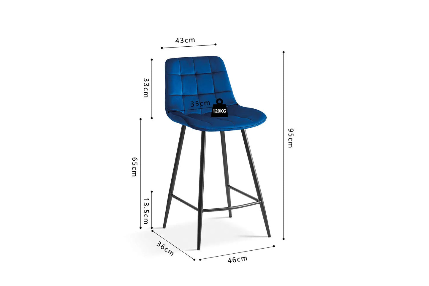 Lot de Chaises de Bar JULIA en Tissu Velours Bleu - 46 x 36 cm TiKoya