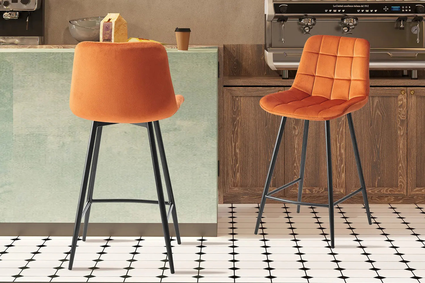Lot de Chaises de Bar JULIA en Tissu Velours Orange - 46 x 36 cm TiKoya