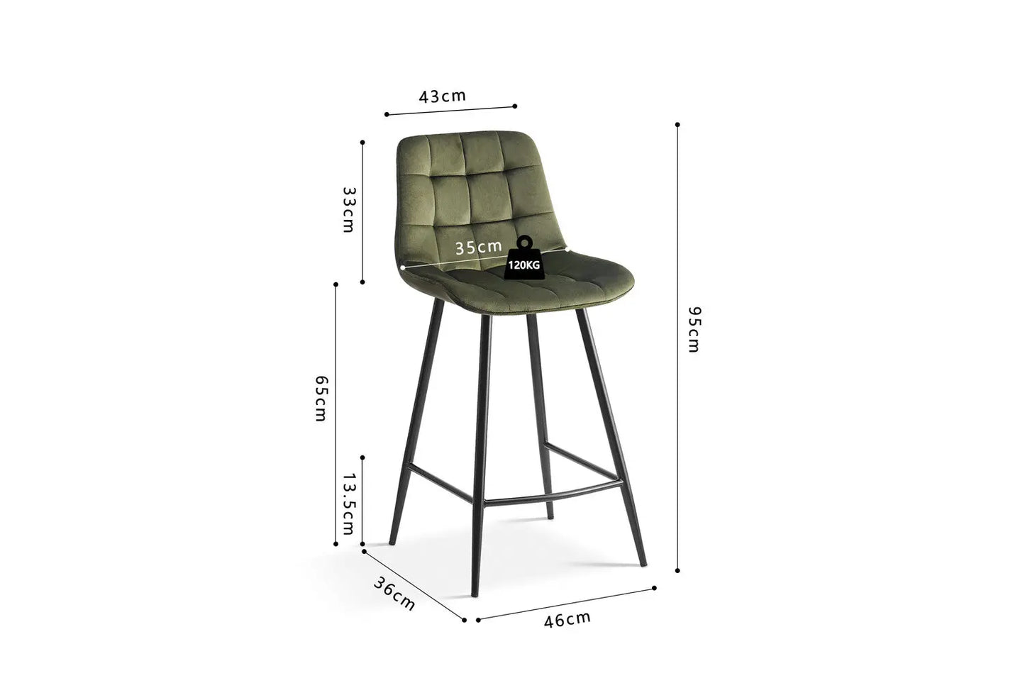 Lot de Chaises de Bar JULIA en Tissu Velours Vert - 46 x 36 cm TiKoya