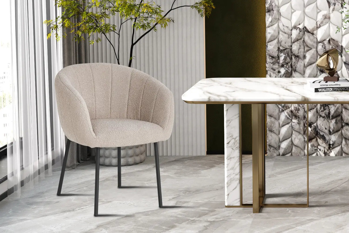 Lot de Chaises de Salle à Manger SAVINA en Tissu Bouclé Sable - 57 x 62 cm ROUSSEAU