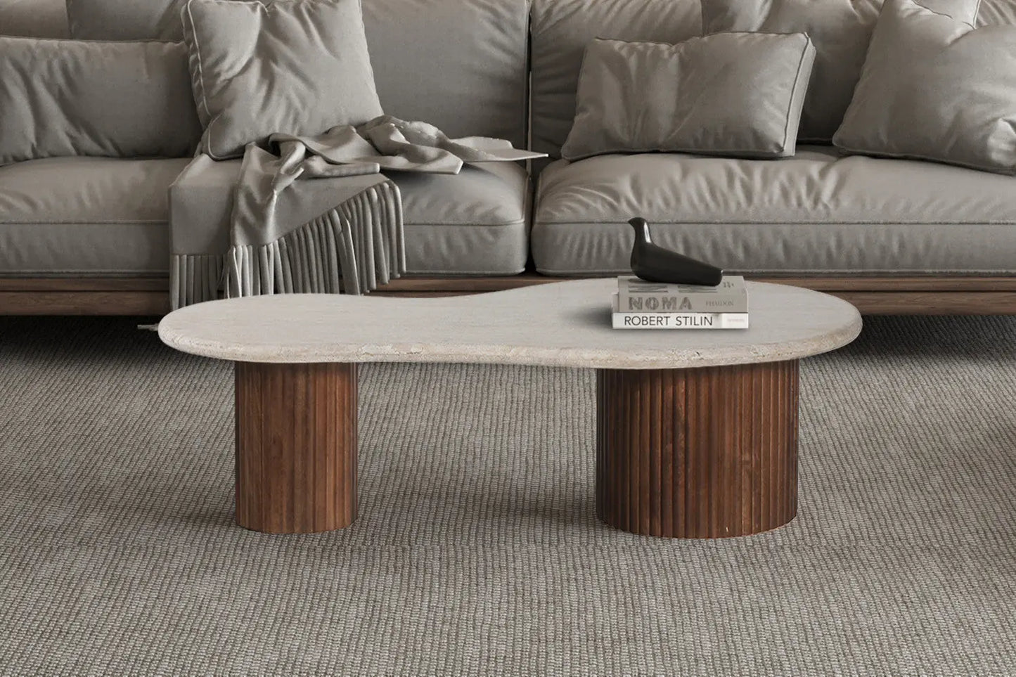 MARLEY - Table basse en Bois de manguier avec plateau en Travertin Beige - 120 cm ROUSSEAU