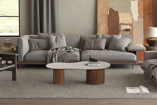 MARLEY - Table basse en Bois de manguier avec plateau en Travertin Beige - 120 cm ROUSSEAU