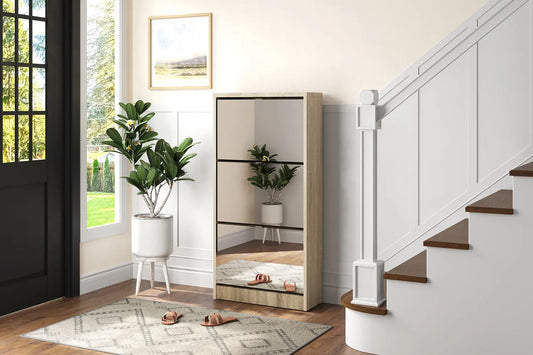 Meuble à Chaussures MEXI avec Miroir et 3 tiroirs Finition Chêne Sonoma - 123 x 60.5 cm ROUSSEAU