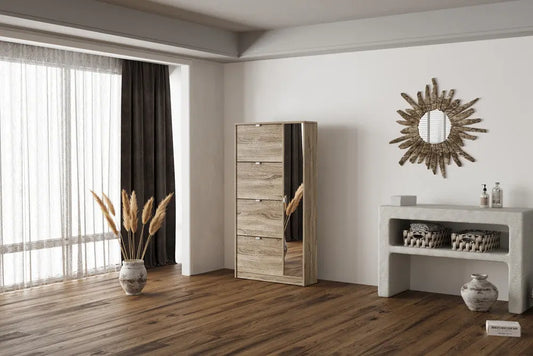 Meuble à Chaussures, 4 tiroirs et 1 porte miroir MARCELO Finition Chêne Sonoma - 159 x 85 cm ROUSSEAU