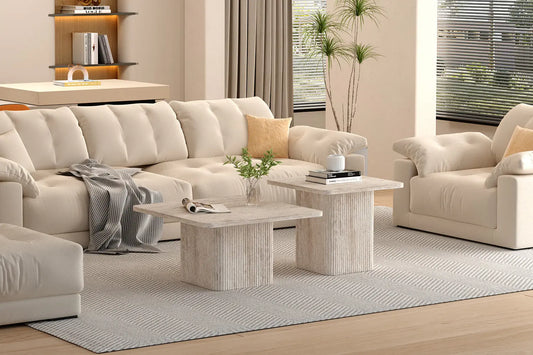 NOLYA - Lot de 2 Table basses Effet Travertin Beige - 52x60 cm et 80x80 cm ROUSSEAU