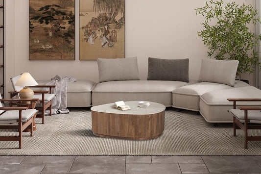 ORYS - Table basse en Bois de manguier avec plateau en Travertin Beige - 100 cm ROUSSEAU