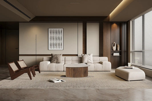 TAËL - Table basse en Bois de manguier avec un plateau en Travertin Beige - 90 cm ROUSSEAU