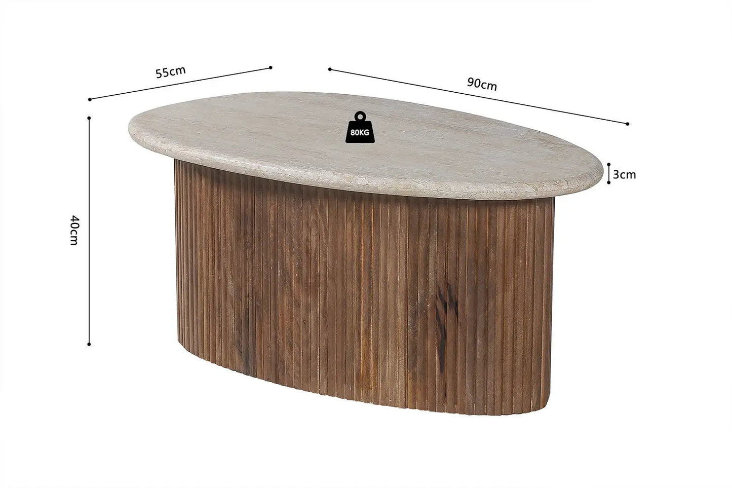 TAËL - Table basse en Bois de manguier avec un plateau en Travertin Beige - 90 cm ROUSSEAU