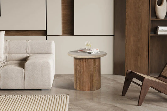 TAËL - Table d'appoint Ronde en Bois de manguier avec plateau en travertin beige - 50 cm ROUSSEAU