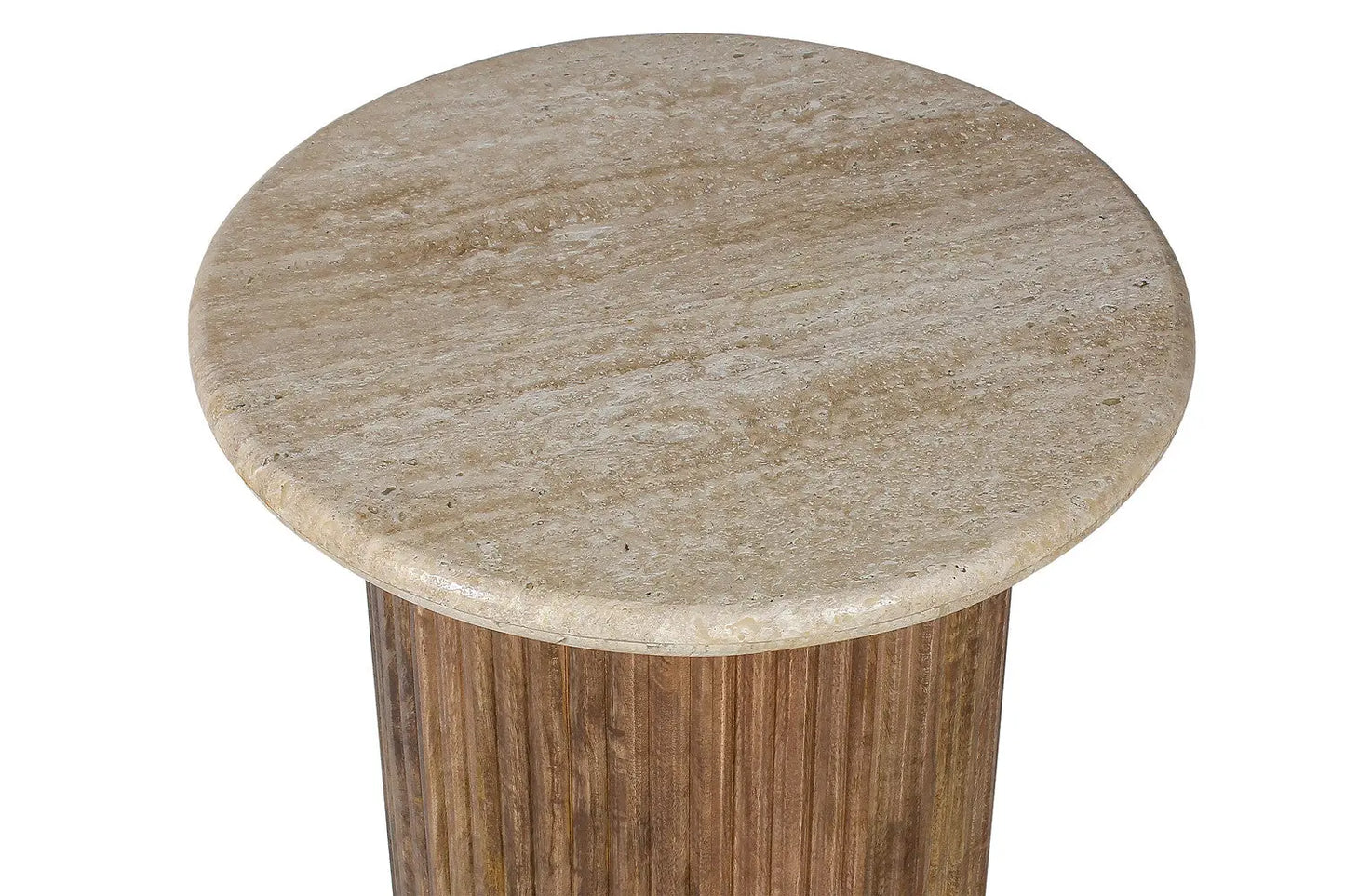 TAËL - Table d'appoint Ronde en Bois de manguier avec plateau en travertin beige - 50 cm ROUSSEAU