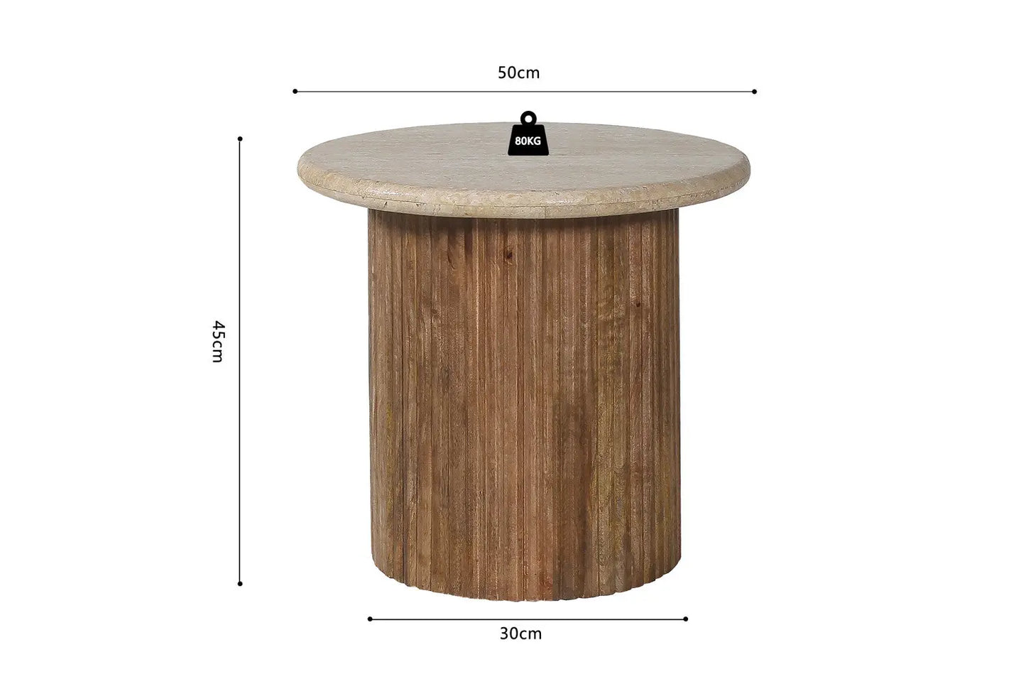 TAËL - Table d'appoint Ronde en Bois de manguier avec plateau en travertin beige - 50 cm ROUSSEAU