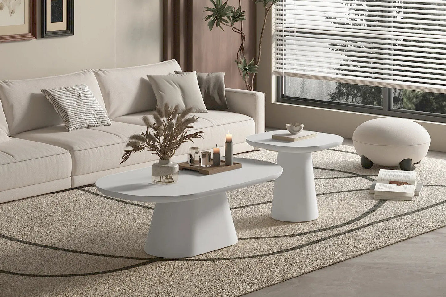 Table Basse Ovale Effet Ciment Ecru TAVINA - 120 cm ROUSSEAU