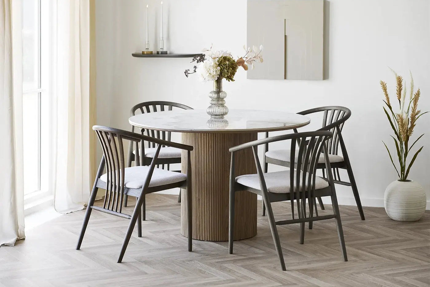 Table à Manger Ronde ATHENS en plateau en céramique, blanc, marron foncé - 120 cm HOUSE NORDIC
