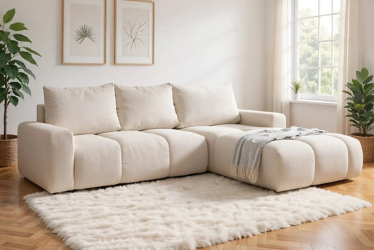 Canapé d’angle convertible BUBBLE avec coffre en Tissu Beige 302x217 cm MAISON DES MEUBLES