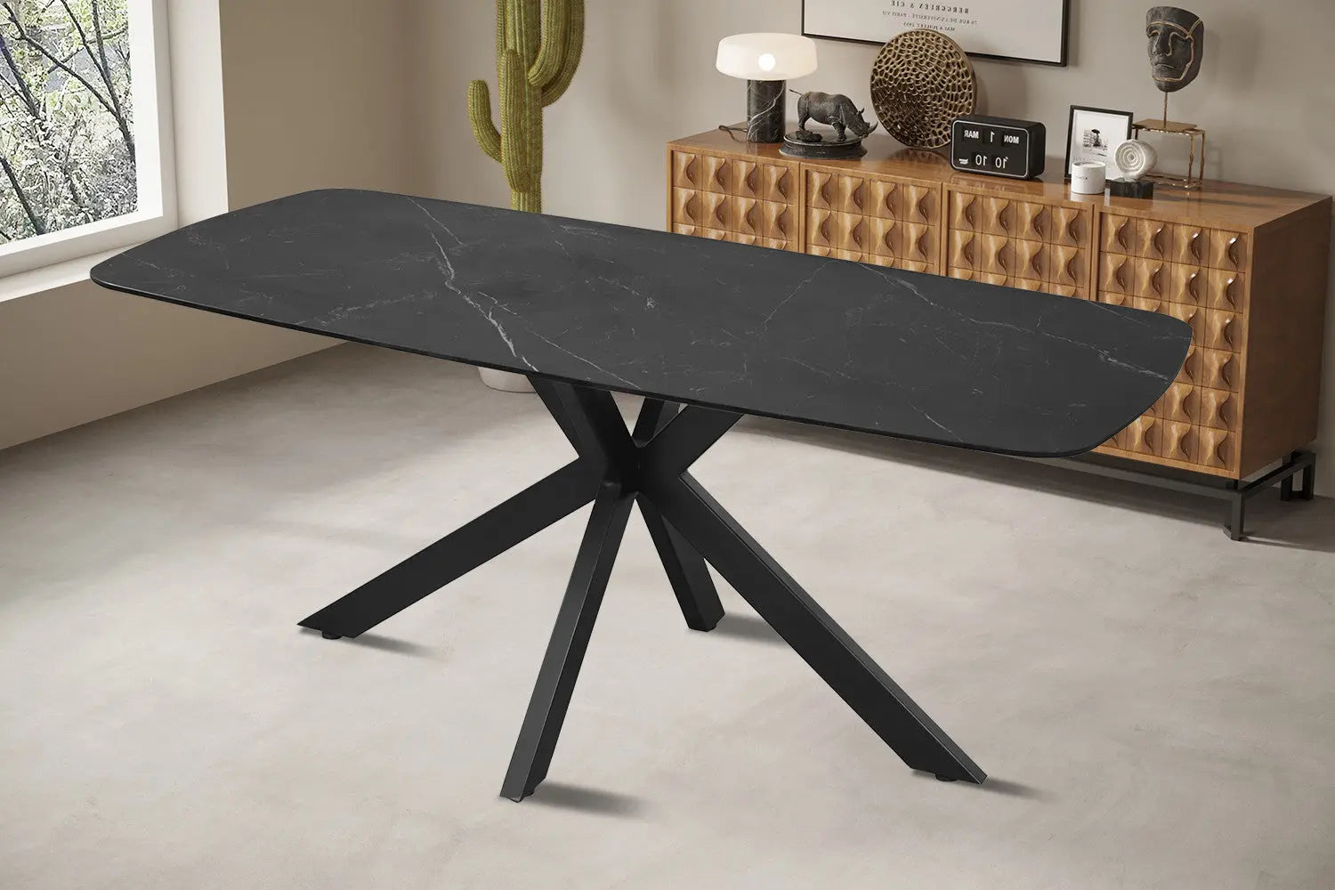 APOLLINA - Table à manger Ovale en Pierre Blanc - 180 x 90 cm - Noir ROUSSEAU