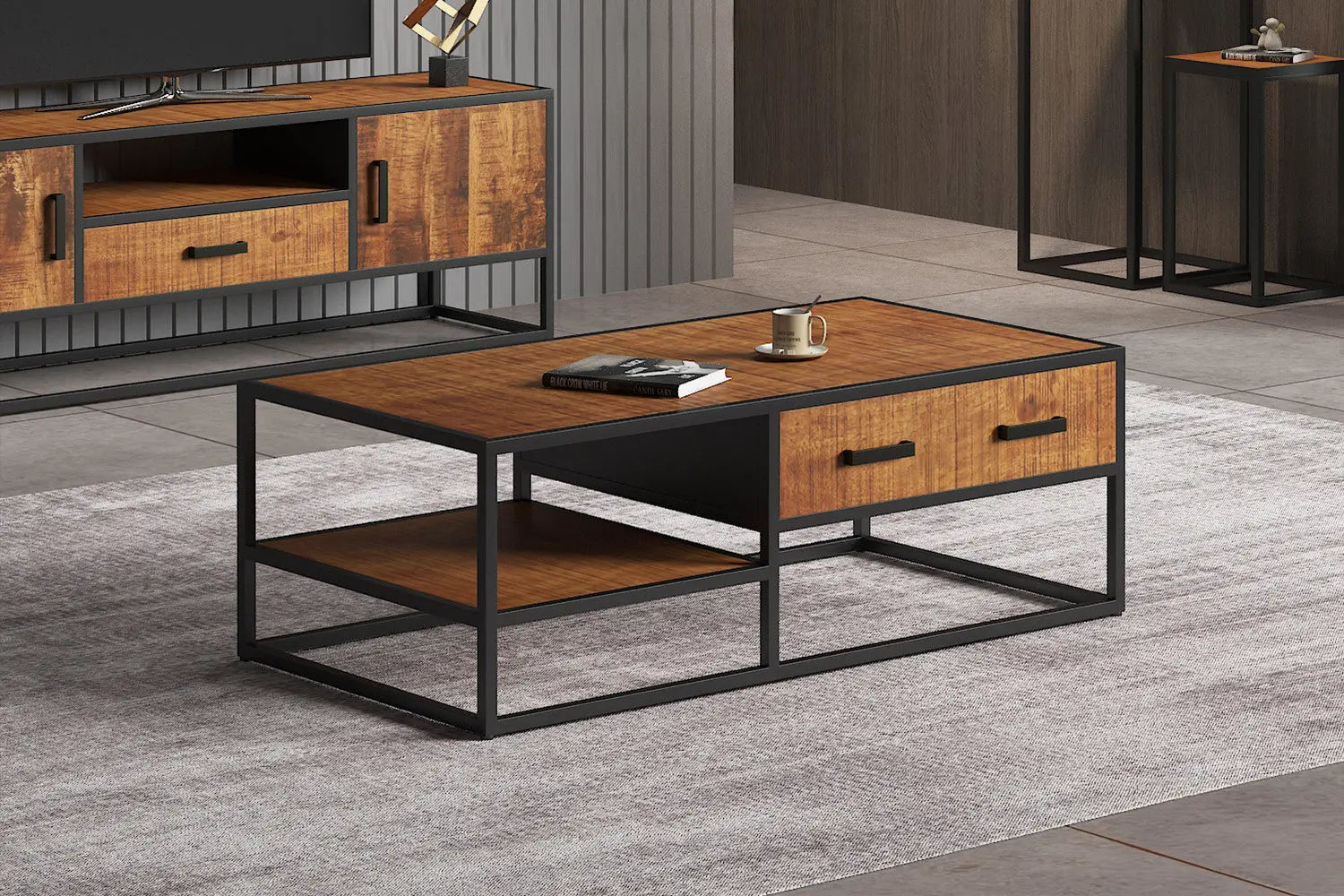 AYORA - Table Basse de Salon avec Tiroir - 120 cm - Bois de Manguier Brun ROUSSEAU