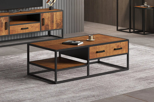 AYORA - Table Basse de Salon avec Tiroir - 120 cm - Bois de Manguier Brun ROUSSEAU