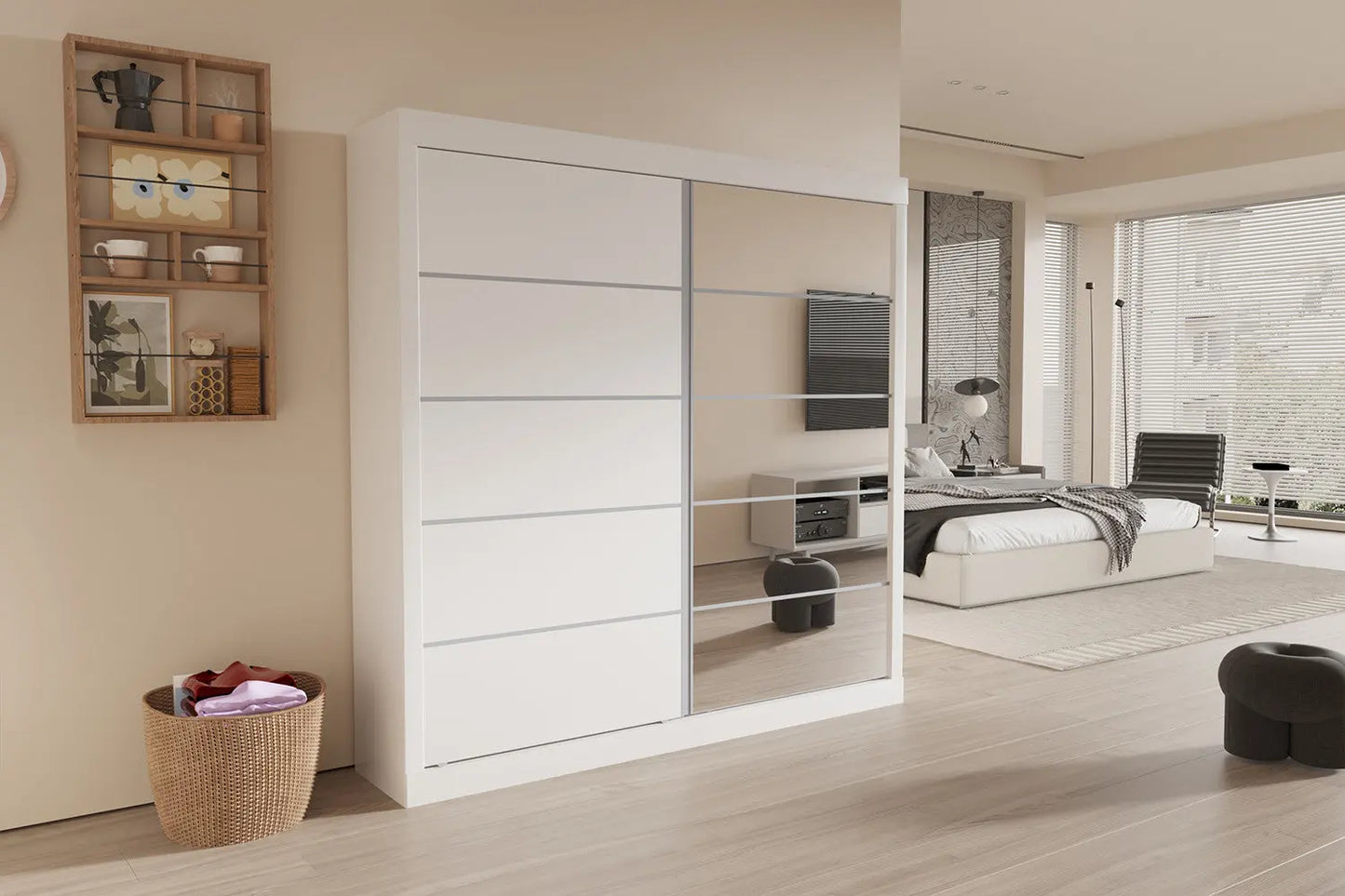 Armoire 2 portes coulissante avec porte miroir MIKA blanc - 182.5 cm TIKOYA