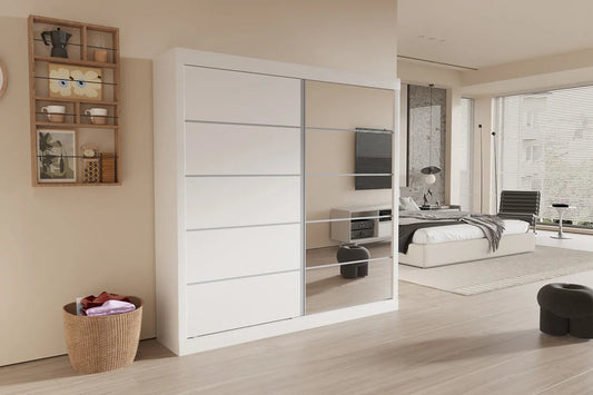 Armoire 2 portes coulissante avec porte miroir MIKA blanc - 182.5 cm TIKOYA