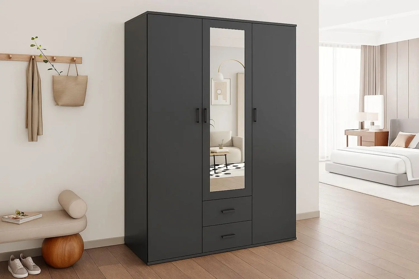 Armoire 3 portes avec miroir MARCO gris foncé - 120 cm TIKOYA