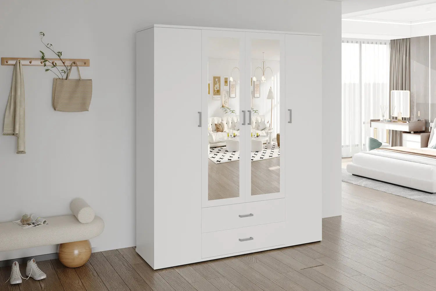 Armoire 4 portes avec 2 miroirs MARCO blanc - 160 cm TIKOYA
