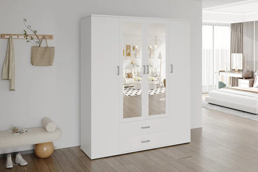 Armoire 4 portes avec 2 miroirs MARCO blanc - 160 cm TIKOYA