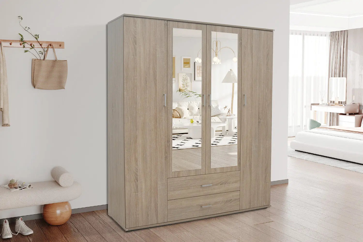 Armoire 4 portes avec 2 miroirs MARCO sonoma - 160 cm TIKOYA