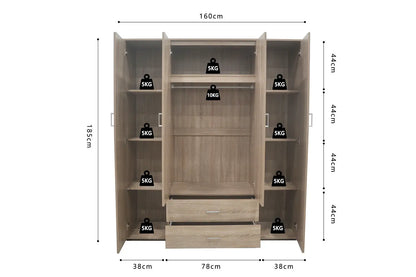 Armoire 4 portes avec 2 miroirs MARCO sonoma - 160 cm TIKOYA