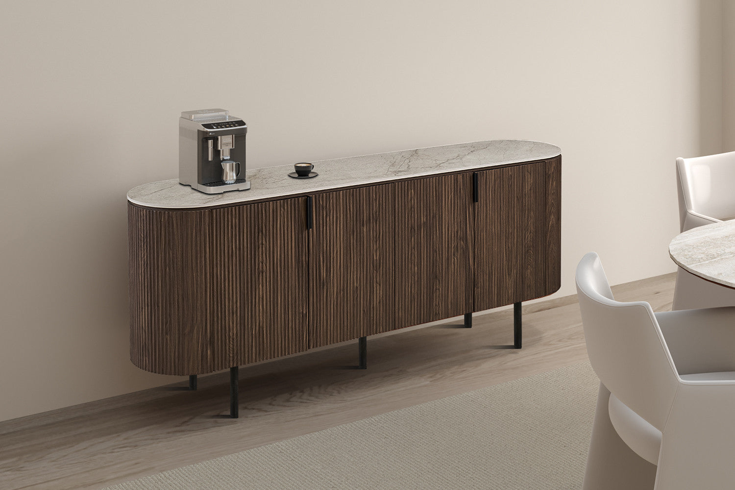 Buffet VEKO 200 cm Décor Chêne Foncé Plateau Pierre Frittée Beige - vue principale