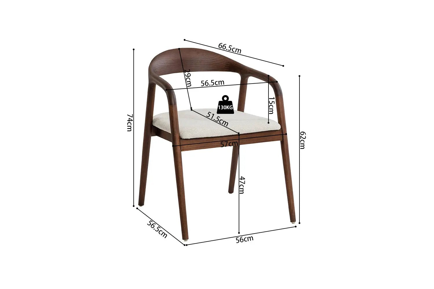 Chaise avec Accoudoir en Bois de Frêne Noyer CLARA Beige - 57 x 66.5cm ROUSSEAU