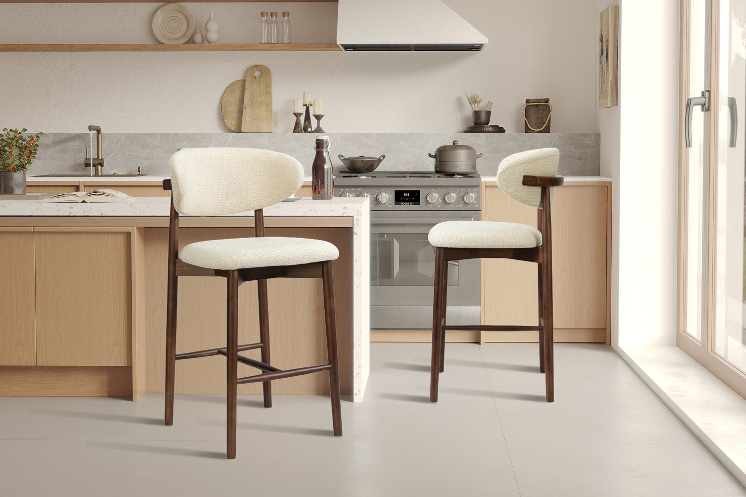 Chaise de Bar CLARA Beige en Bois de Frêne et Noyer - 50 x 56 cm ROUSSEAU