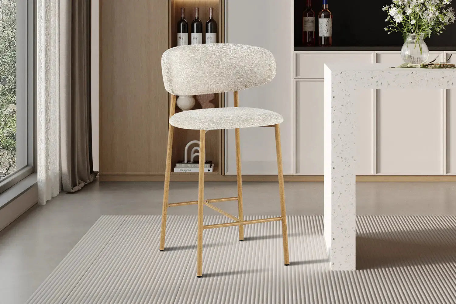 Chaise de Bar Tissu Beige avec Pieds Naturels COYA - 51 x 50 cm ROUSSEAU