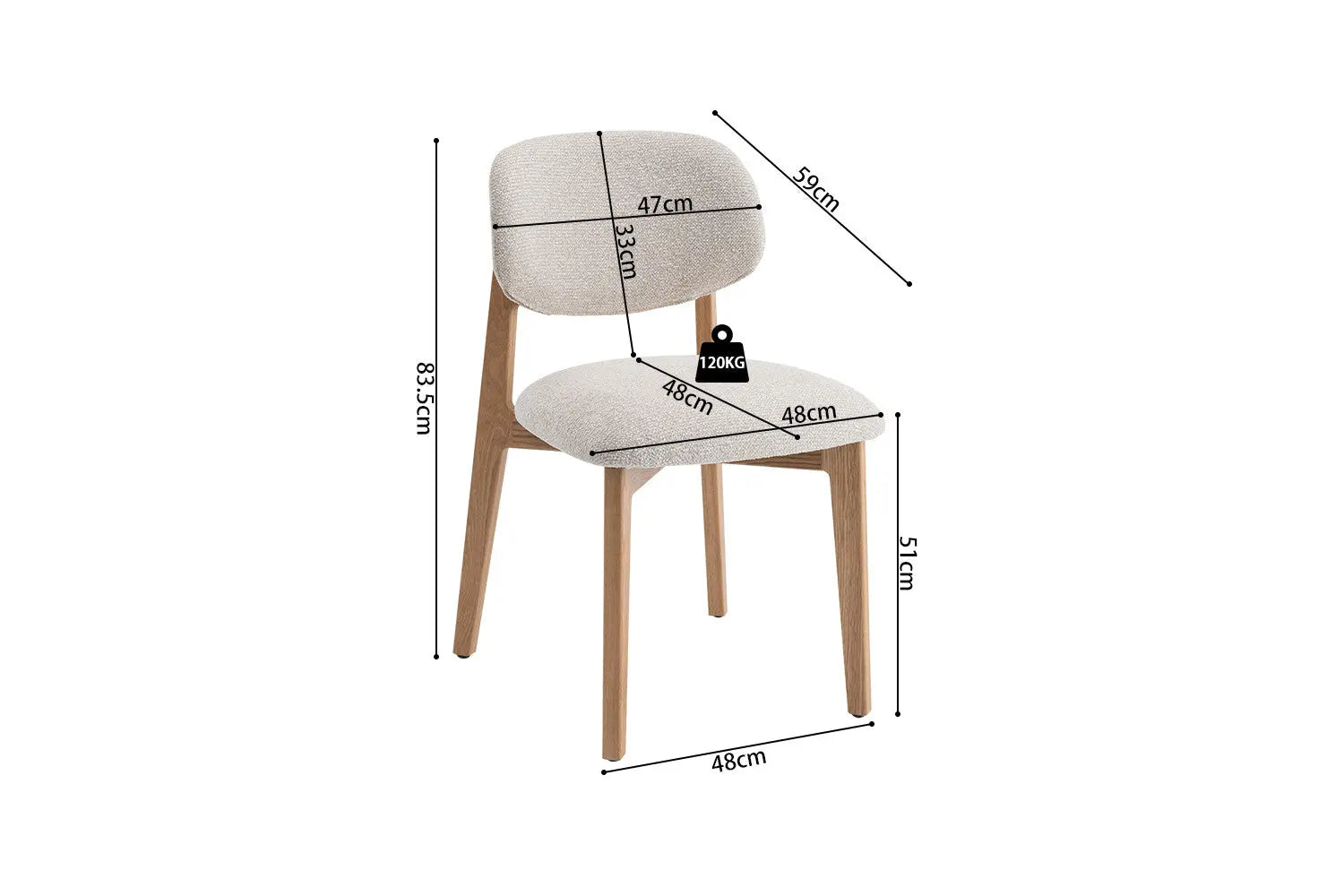 Chaise en Bois de Chêne Claire avec l'assise en tissu couleur Beige KAYA - 48 x 59cm ROUSSEAU
