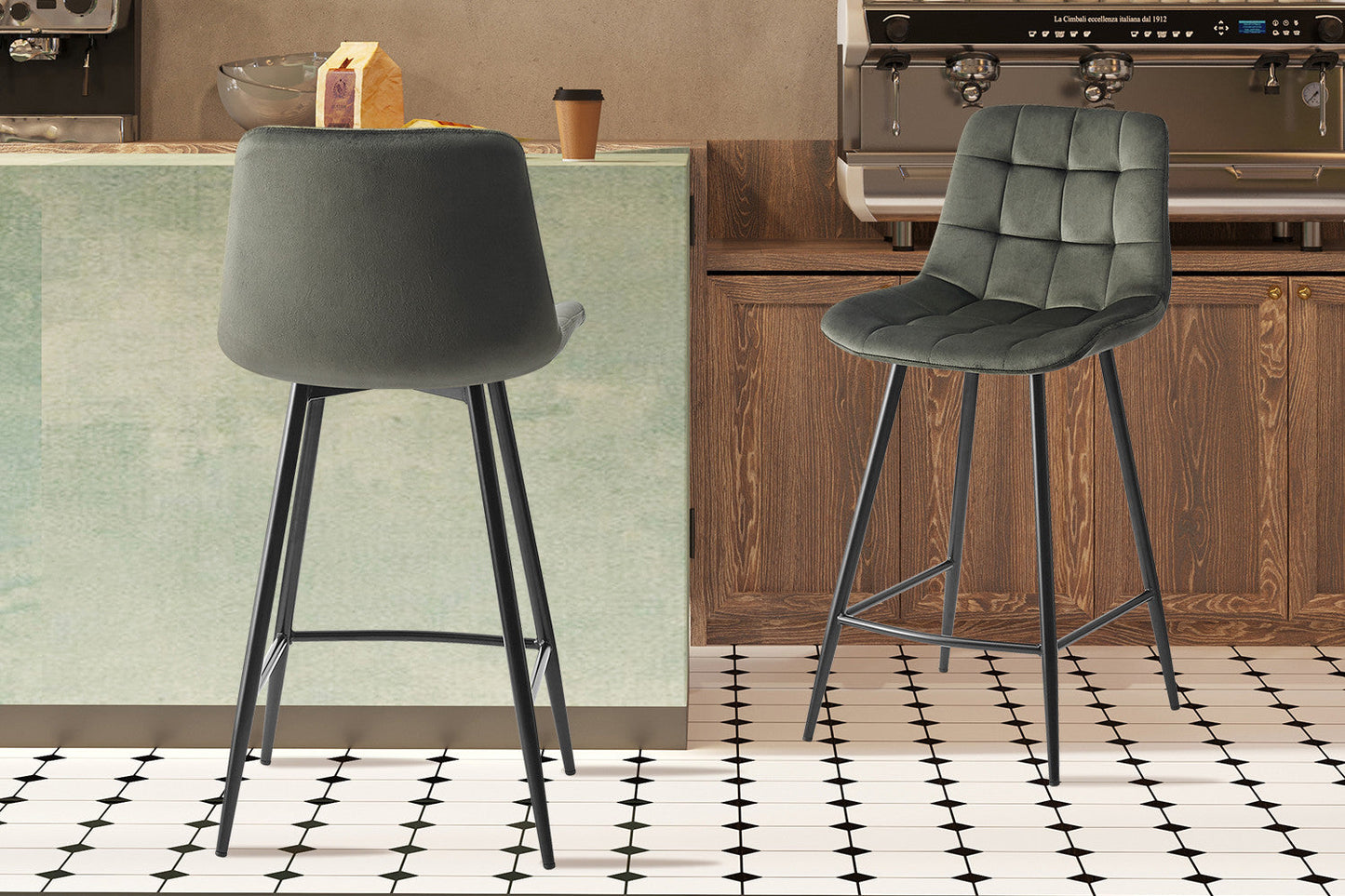 Chaises de Bar JULIA en Tissu Velours Vert - 46 x 36 cm ROUSSEAU