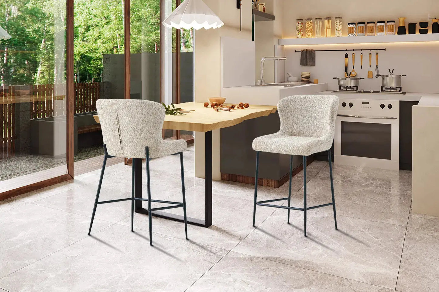 Lot de Chaises de Bar LISE en Tissu Bouclé Beige - 51.5 x 56 cm ROUSSEAU