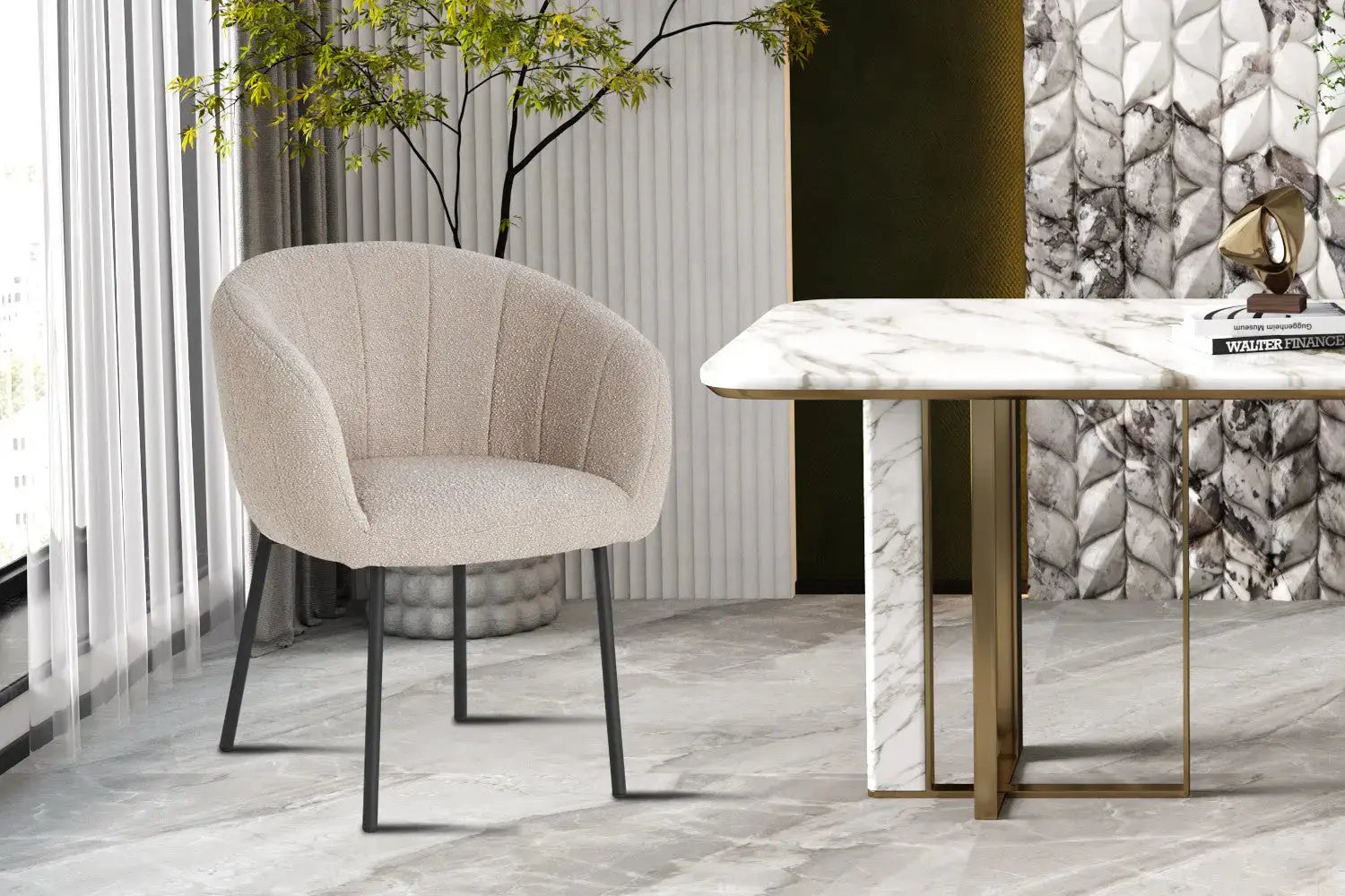 Lot de Chaises de Salle à Manger SAVINA en Tissu Bouclé Sable - 57 x 62 cm ROUSSEAU